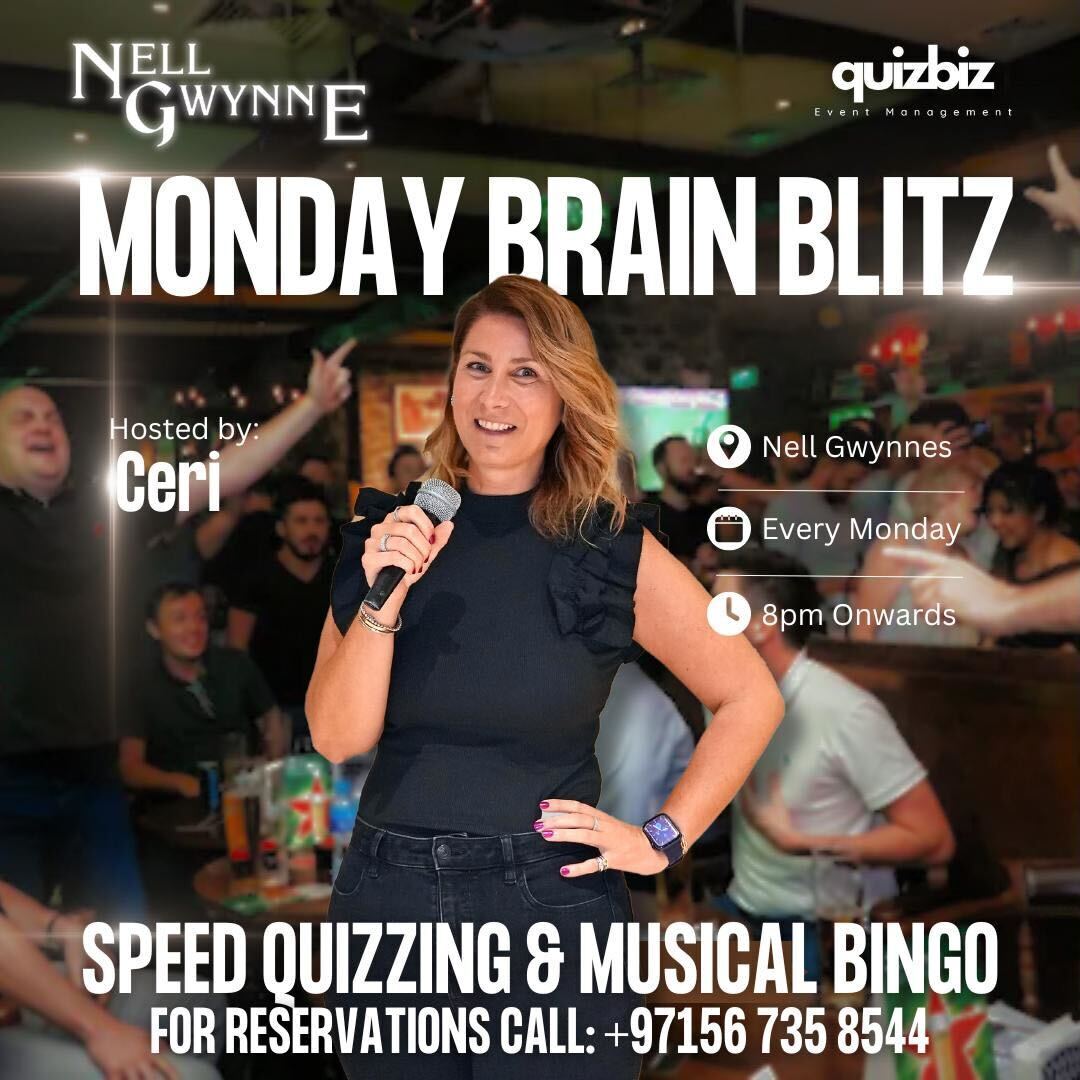 Ceri hosting the Monday Brain Blitz quiz event at Nell Gwynne's pub in Dubai, featuring speed quizzing and musical bingo every Monday from 8 PM onwards.