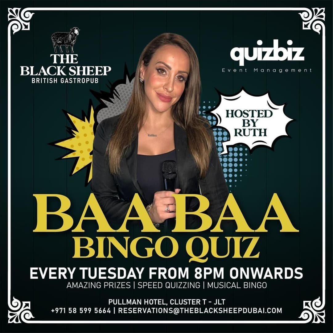 Ruth hosting the Baa Baa Bingo Quiz at The Black Sheep British Gastropub in Dubai, with speed quizzing and musical bingo every Tuesday from 8 PM onwards.