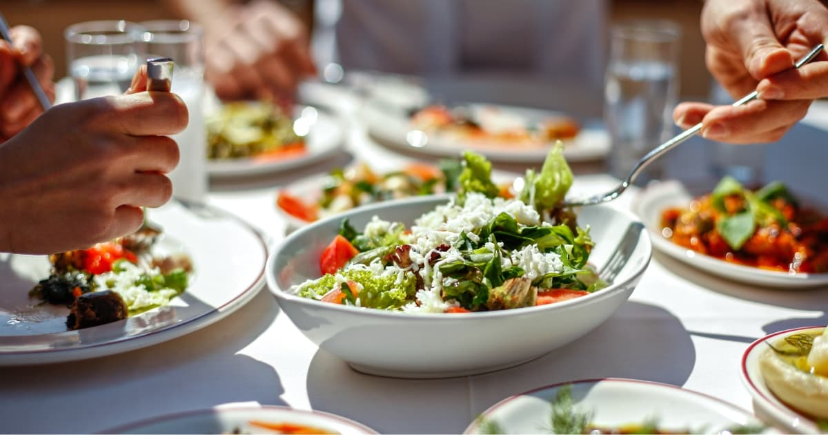 Close up image of a salad bowl on a table 