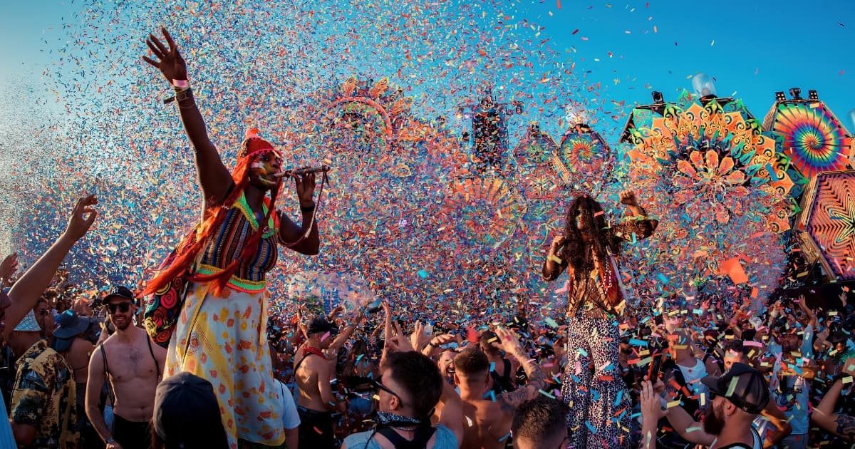 Party goers and entertainment at a festival